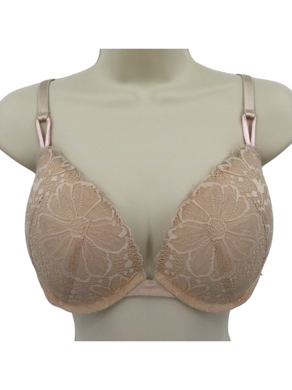 Victorias Secret 36D Push Up Bra Beige Floral Flower Lace Underwire Padded